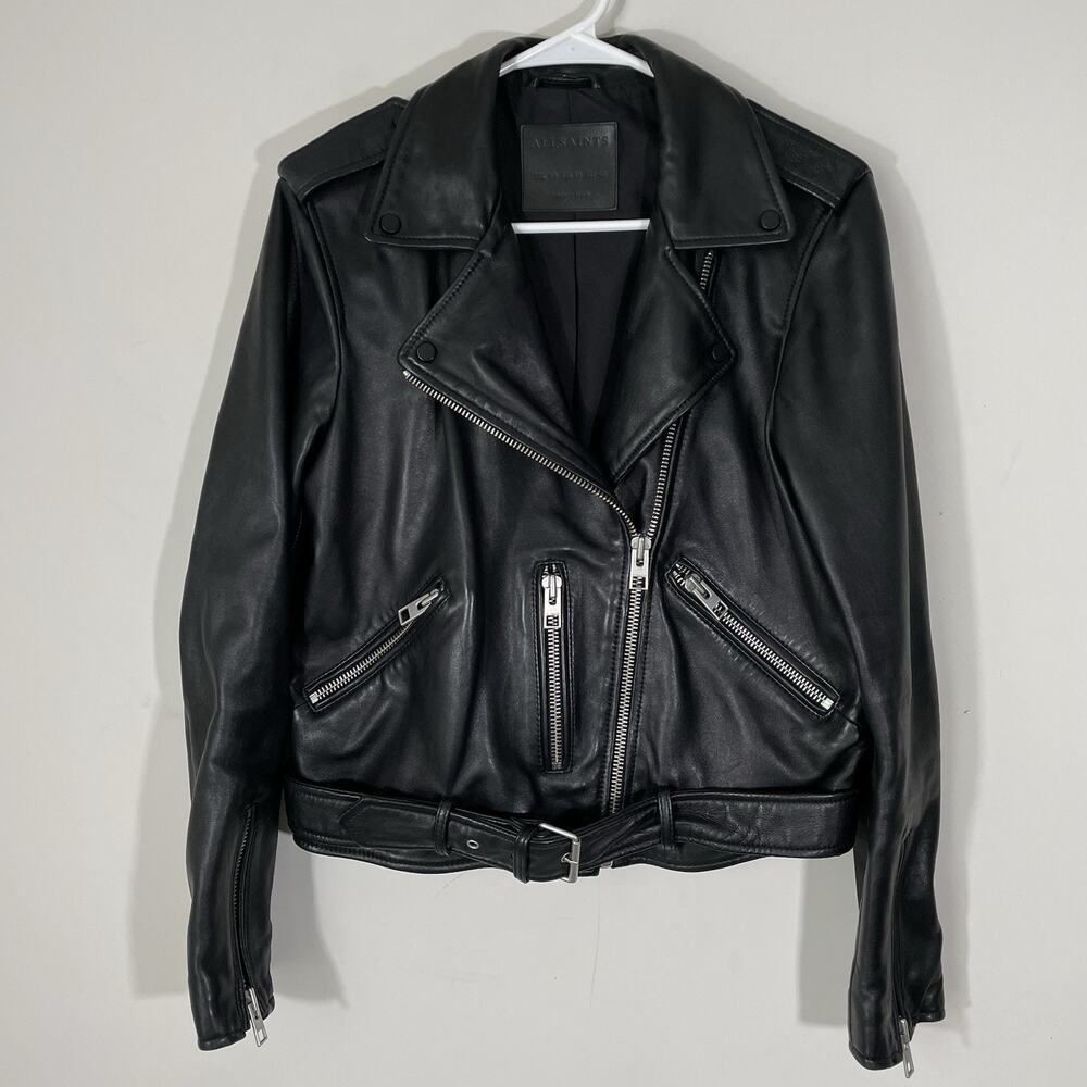 All Saints Balfern Leather Biker Jacket Women's Size US 10 Black Moto Belted - Picture 2 of 8